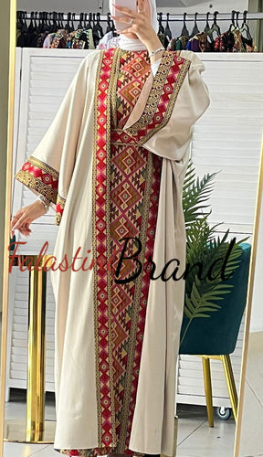 Beige Embroidered Satin Dress and Abaya Set with Diamond Unique Embroidery