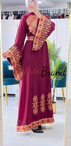 Stylish New Design Burgundy Embroidered Dress with Wide Embroidered Sleeves