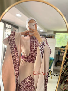 Beige Slim Cut Dress with Burgundy Embroidery and long Sleeves