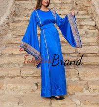 Blue Satin Abaya Dress with Golden Embroidery and Wide Sleeves