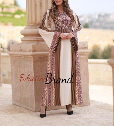 Modern Style Off White and Perry Palestinian Thobe with Unique Embroidery and Kashmir Details