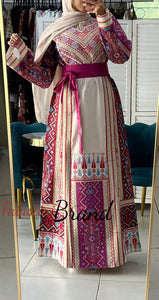 Very Luxurious Off White and Pink and Purple Thobe with Qasab and Satin Details