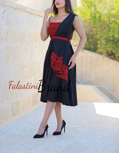 Elegant Black and Red Short Dress with Shoulder Details