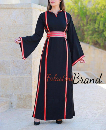 Classy Black Dress with Red Kashmir Details and Wide Sleeve