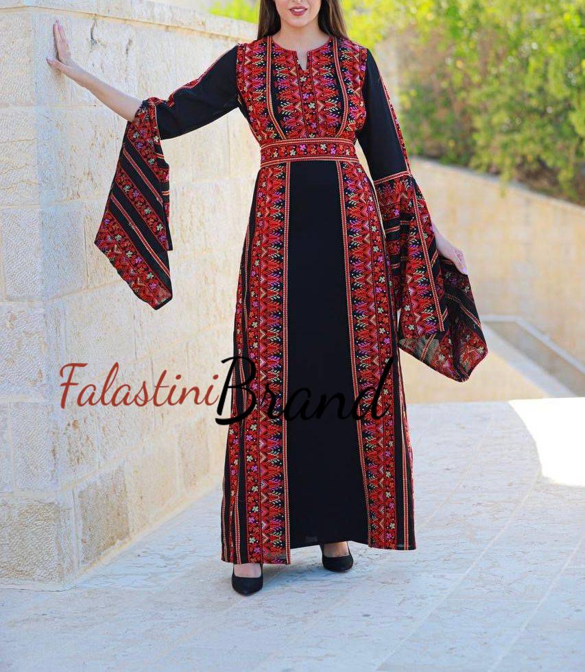 One Piece Unique Design Black and Colorful Embroidery Dress with Flare Sleeves