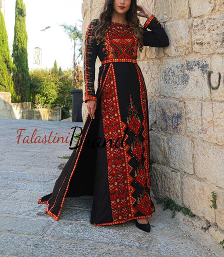 Black and Colorful Fancy Dress Thob with Attached Black Skirt