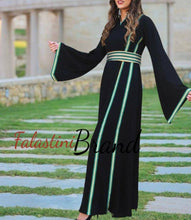 Classy Black Dress with Green Kashmir Details and Wide Sleeve