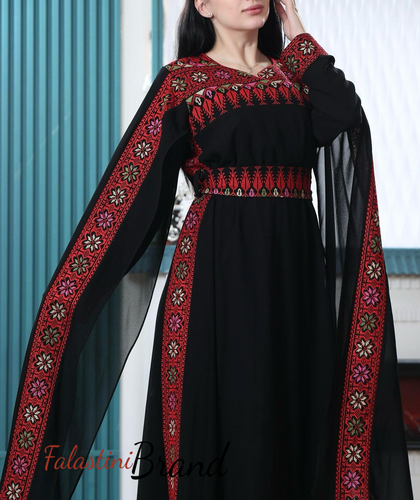 Elegant Black and Red Shoulder Drapes Embroidered Dress