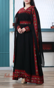 Elegant Black and Red Shoulder Drapes Embroidered Dress