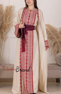 Elegant Beige With Red Dress and Abaya Set with Palestinian Embroidery