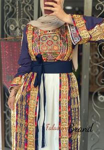 Malak Navy and Off white Thobe with Unique Qasab Embroidery and Original Etamine Fabric
