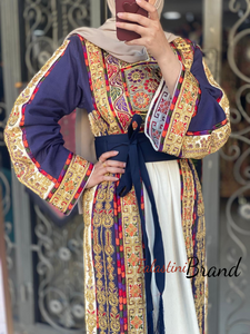 Malak Navy and Off white Thobe with Unique Qasab Embroidery and Original Etamine Fabric