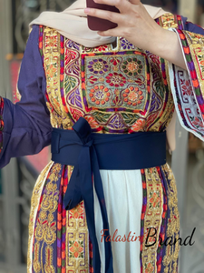 Malak Navy and Off white Thobe with Unique Qasab Embroidery and Original Etamine Fabric