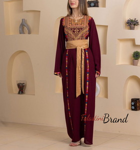 Elegant Stylish Burgundy Thob With Satin Belt