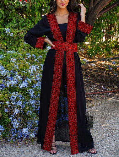 Stylish Long Black And Red  Embroidered Abaya