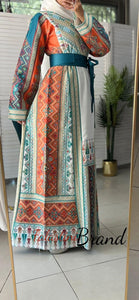 Very Luxurious White and Orange and Turquoise Thobe with Qasab and Satin Details