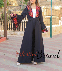 Unique Open Black Abaya with Colored Embroidery and Pom Poms