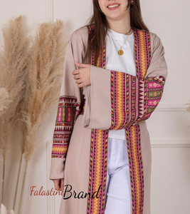 Beige Elegant Abaya Embroidered On The Front And Back