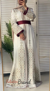 White and Golden(Mqassab) Palestinian Embroidered Kaftan Dress