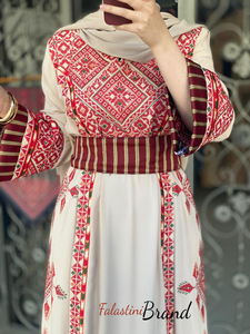 Beige and Red Diamond Embroidered Thobe with Kashmir Details