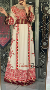 Beige and Red Diamond Embroidered Thobe with Kashmir Details