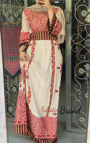 Beige and Red Diamond Embroidered Thobe with Kashmir Details