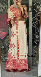 Beige and Red Diamond Embroidered Thobe with Kashmir Details
