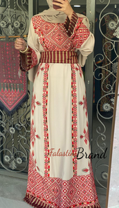 Beige and Red Diamond Embroidered Thobe with Kashmir Details