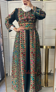 Amazing Dark Green Manajil Palestinian Embroidered Thobe Dress With Astonishing Embroidery