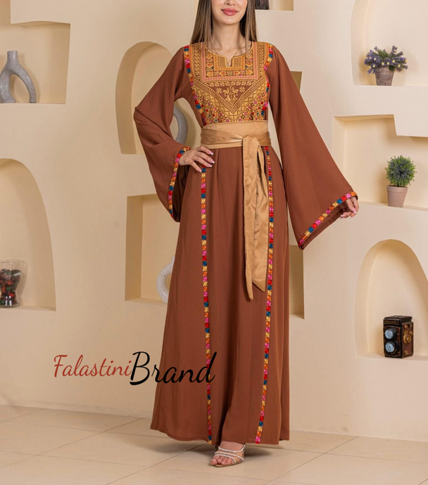 Elegant Stylish Brown Thob With Satin Belt