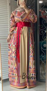 Trendy Beige Majdalawi Fabric Thob with Colorful Embroidery