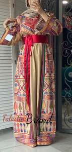 Trendy Beige Majdalawi Fabric Thob with Colorful Embroidery