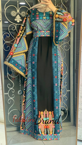Very Elegant Wide Sleeves Black and Blue Embroidered Thob with Malak and Golden Details and Head Scarf