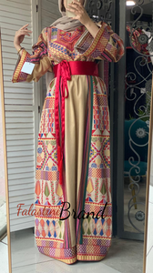 Trendy Beige Majdalawi Fabric Thob with Colorful Embroidery