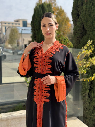 Elegant Crepe Caftan with Orange Zawak Embroidery