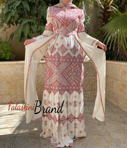 Stylish Mermaid White Palestinian Embroidered Dress with Skirt Side Details