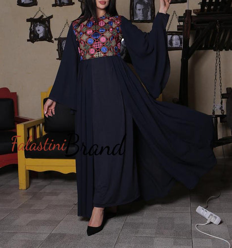 Navy Floral Embroidered 2 Pieces Dress