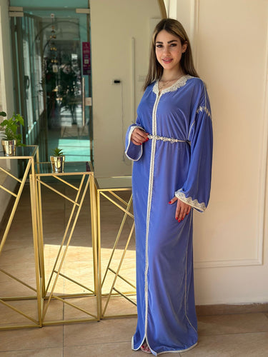 Blue Velvet Caftan Handcrafted with Al-Muallem Embroidery