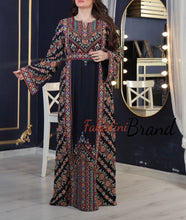 Amazing Dark Navy Multi Color Palestinian Embroidered Thobe Dress With Astonishing Embroidery