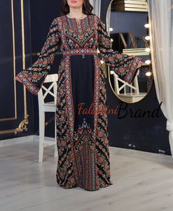 Amazing Dark Navy Multi Color Palestinian Embroidered Thobe Dress With Astonishing Embroidery