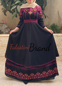 Elegant Black Palestinian Embroidered Cloche Layered Dress