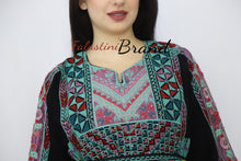 Gorgeous Black and Green Full Details Palestinian Embroidered Dress With Satin