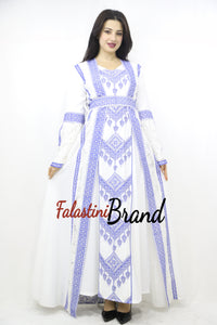 Two Pieces Amazing White And blue Palestinian Embroidered Dress