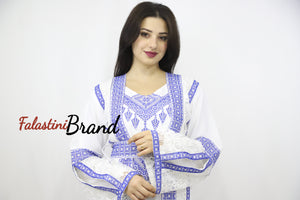 Two Pieces Amazing White And blue Palestinian Embroidered Dress