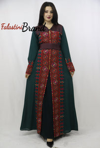 Amazing 2 Pieces Green and Red Palestinian Embroidered Open Abaya