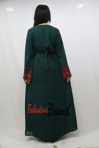 Amazing 2 Pieces Green and Red Palestinian Embroidered Open Abaya