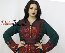 Amazing 2 Pieces Green and Red Palestinian Embroidered Open Abaya