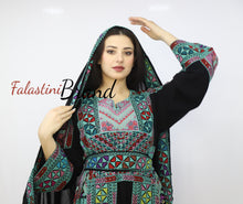 Gorgeous Black and Green Full Details Palestinian Embroidered Dress With Satin