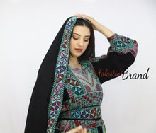 Gorgeous Black and Green Full Details Palestinian Embroidered Dress With Satin