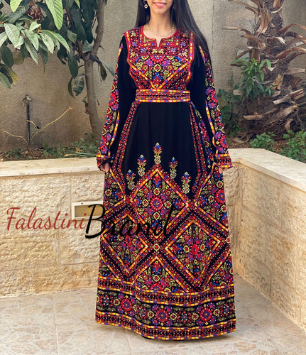 Manajil Palestinian Red Embroidered Floral Thobe Dress Palestinian Embroidery